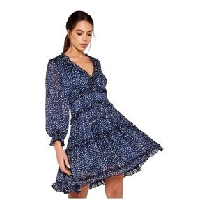 Apricot Navy Blue Ruffle V-Neck Tiered Mini Dress Romantic Cottagecore US 4